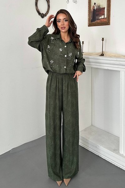 WeShaya Khaki Stone Detailed Shirt Set