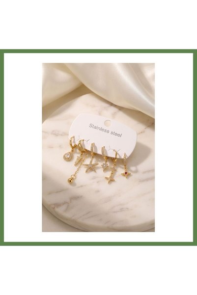 Hobibahçem 316L Stainless Steel Gold-Colored Women's Earring Set with Star De...