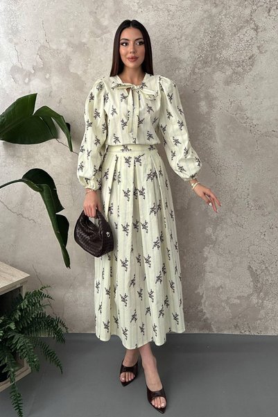 WeShaya Yellow Striped Floral Blouse Skirt Set