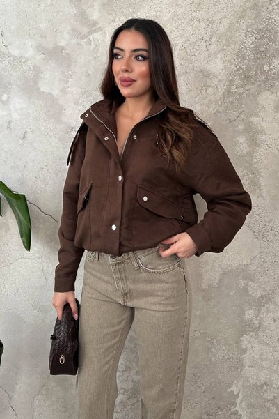 WeShaya Brown High Collar Short Jacket