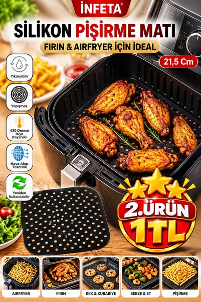 İnfeta Black 21.5 cm Square Perforated Silicone Air Fryer and Oven Baking Mat...