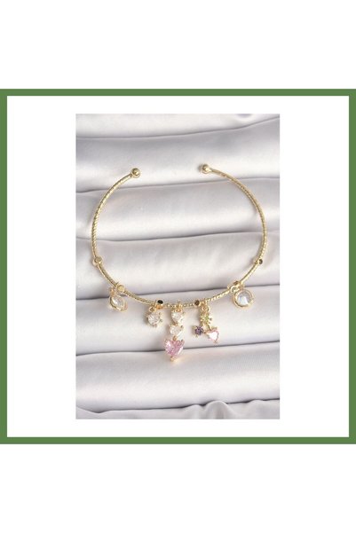 Hobibahçem Gold-Toned Rice-Shaped Dangling Zircon Stone Figure with Pink Acce...