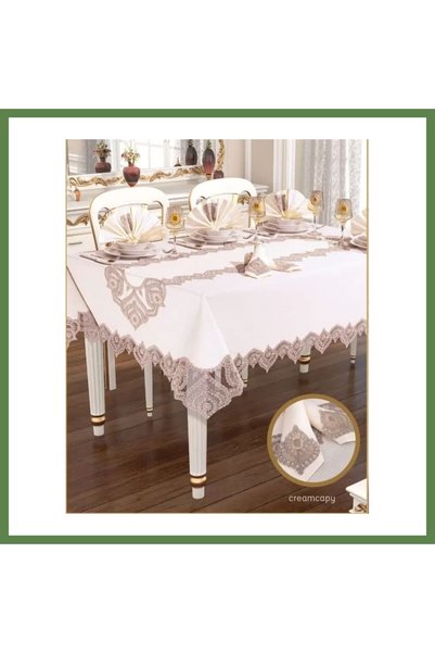 Hobibahçem Kartanesi Gardenia Linen Cream-Cappuccino 12-Person 26-Piece Weddi...
