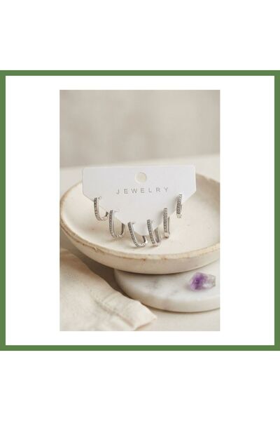 Hobibahçem Silver-Colored Brass Square-Shaped Hoop Earring Set with Zircon St...