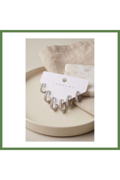 Hobibahçem Silver-Colored Brass Oval-Square-Shaped Women's Earring Set with Z...