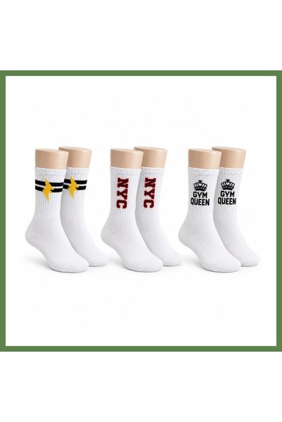 Hobibahçem Women's Sports Socks, White with Text, 3-Pack, Long-Cuff, Cotton, ...