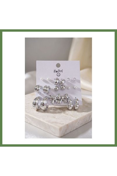 Hobibahçem Silver-Toned Metallic-Plated CCB 9-Pair Earring Set with Bow Detai...