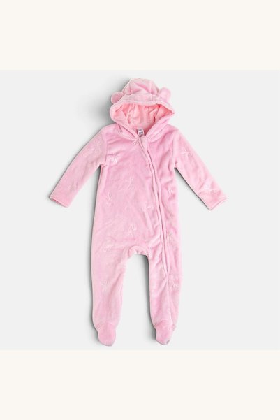 Comerivo Salopeta fleece roz pentru bebelusi, cu gluga si picioruse, fermoar ...