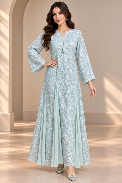 ROGINA Women's Elegant Lace Embroidery and Beaded Dhoti Gown Jalabiya
