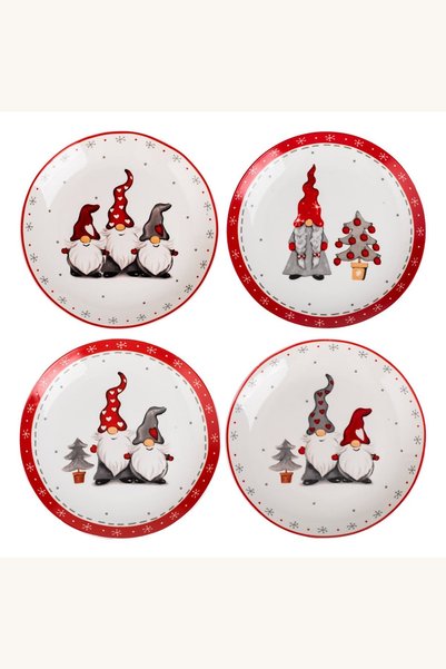 Comerivo Set 4 Farfurii Portelan Gnome de Craciun, 19cm, in Cutie Cadou cu Pa...