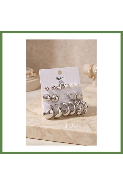 Hobibahçem Silver-Colored Metallic-Plated Assorted-Style Detailed CCB 9-Pair ...