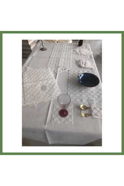 Hobibahçem Orion Gardenia Linen Tableware Set, 160x260 Table Set, 26-Piece Se...