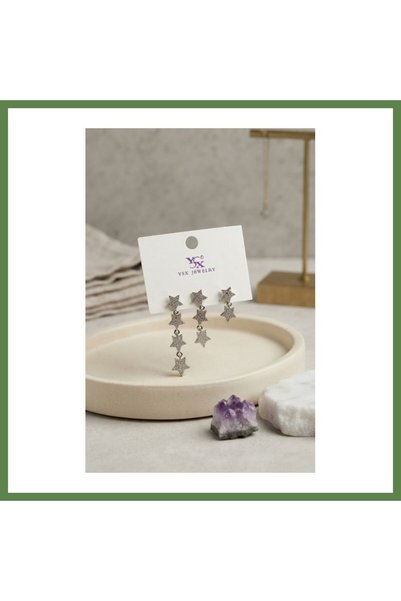 Hobibahçem Silver-Toned Rice-Shaped Dangling Star-Design Women's Earring Set ...