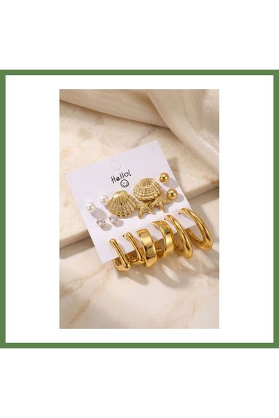 Hobibahçem Gold-Plated, Seashell-Detailed CCB 9-Pair Women's Earring Set HB006