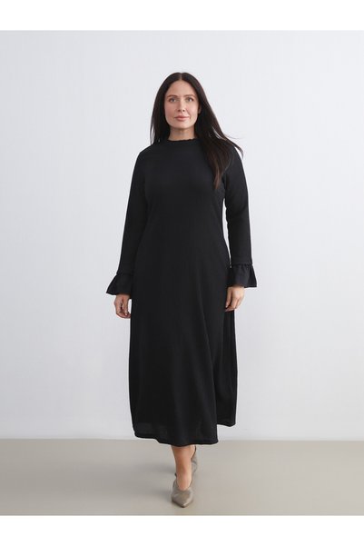 LC Waikiki LCW Modest Black Raschel Solid Standard & Regular Mock Neck Long D...