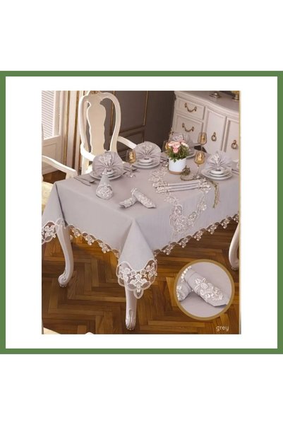 Hobibahçem Gardenya Linen Carnation Gray 26-Piece 12-Person 160 × 260 cm Tabl...