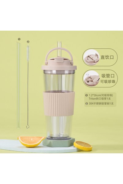 Generic كوب بلاستيكي مزدوج الجدار مع شفاطة واسعة سعة 710 مل، غطاء بوبا، مزدوج...
