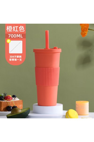 Generic كوب بلاستيكي مزدوج الجدار مع شفاطة واسعة سعة 700 مل، غلاف لشاي بوبا ب...