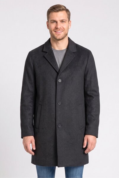 Cole Haan Men Plain Wool Trench Coat, Dark Grey