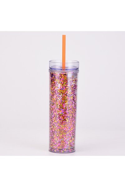 Generic Double Wall Thick Plastic Straw Cup Clear Sequin Straight Shatterproof