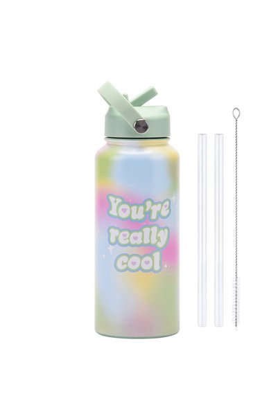Generic Stainless Steel Insulated Sports Water Bottle 1L Printed Straw Handle...