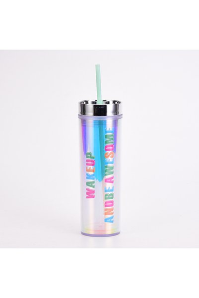Generic Double Wall Plastic Straw Cup 16oz Straight Iridescent Electroplated Lid