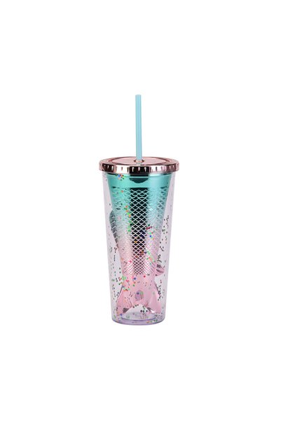Generic Double Wall Plastic Mermaid Tail Straw Cup Electroplated Sequin Tumbler