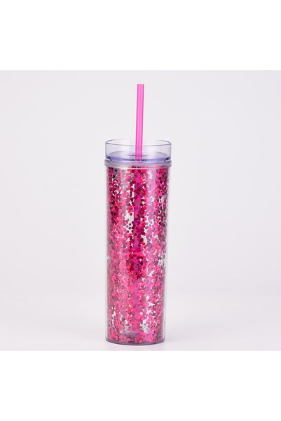 Generic Double Wall Thick Plastic Straw Cup Clear Sequin Straight Shatterproof