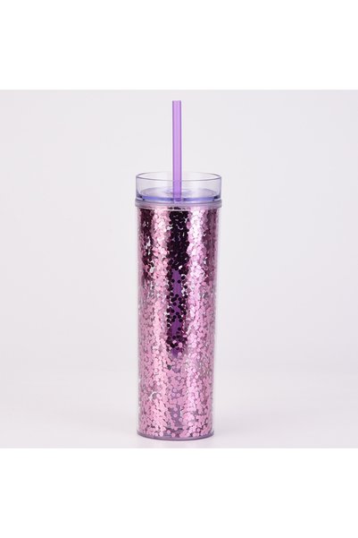 Generic Double Wall Thick Plastic Straw Cup Clear Sequin Straight Shatterproof