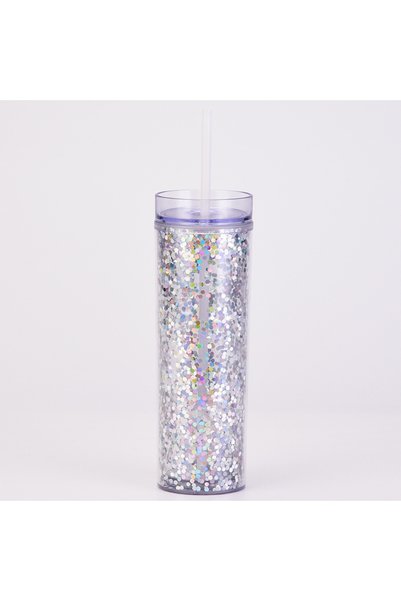 Generic Double Wall Thick Plastic Straw Cup Clear Sequin Straight Shatterproof