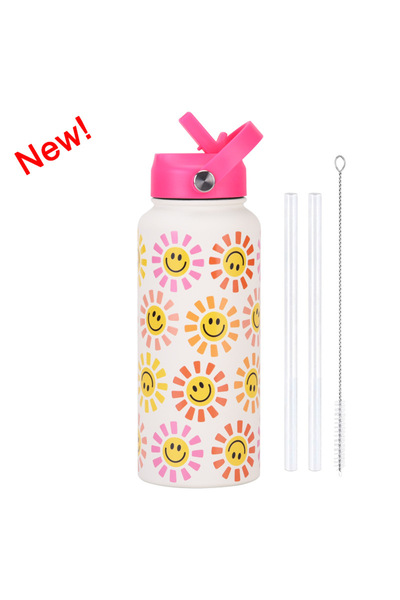 Generic Stainless Steel Insulated Sports Water Bottle 1L Printed Straw Handle...
