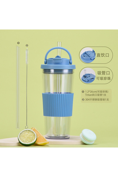 Generic كوب بلاستيكي مزدوج الجدار مع شفاطة واسعة سعة 710 مل، غطاء بوبا، مزدوج...