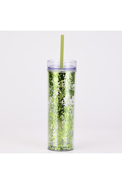 Generic Double Wall Thick Plastic Straw Cup Clear Sequin Straight Shatterproof