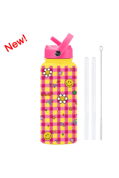 Generic Stainless Steel Insulated Sports Water Bottle 1L Printed Straw Handle...
