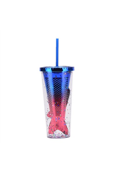 Generic Double Wall Plastic Mermaid Tail Straw Cup Electroplated Sequin Tumbler