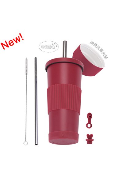 Generic Ceramic Liner Stainless Steel Straw Cup 710ml Milk Tea Non Slip