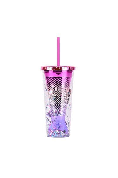 Generic Double Wall Plastic Mermaid Tail Straw Cup Electroplated Sequin Tumbler