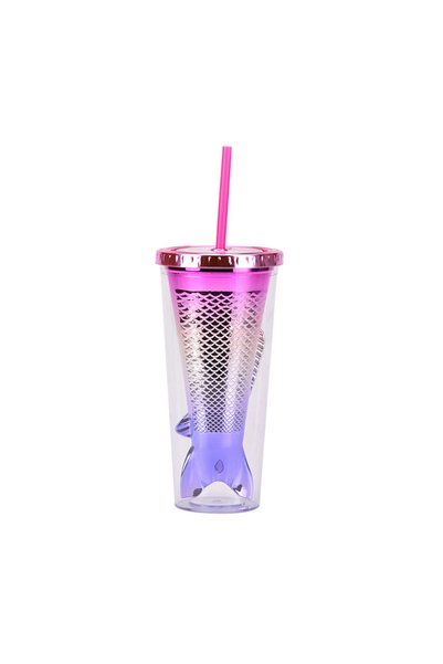 Generic Double Wall Plastic Mermaid Tail Straw Cup Electroplated Sequin Tumbler