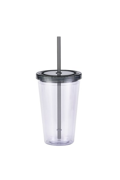 Generic كوب بلاستيكي مزدوج الجدار مع غطاء وقشة، تصميم مستقيم، مناسب للسفر