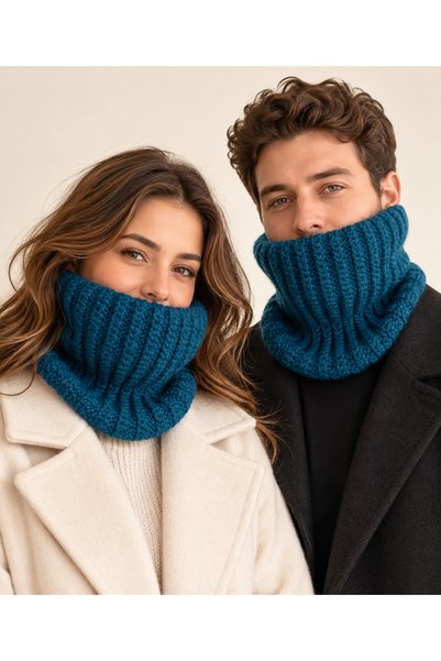 NEHOLİA Unisex Navy Blue Hand-Knitted Scarf With Scarf