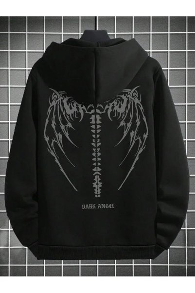 LOTS MODA Hırka - Siyah Baskılı Kışlık Oversize Kapüşonlu Fermuarlı Cepli Hırka Unisex giyim