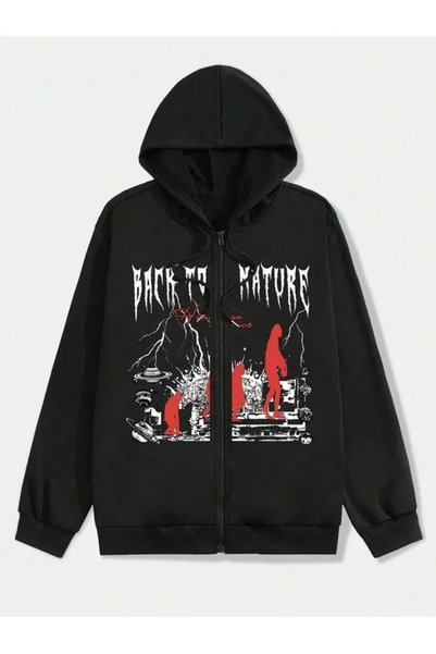 LOTS MODA Cardigan - Black Printed Winter Oversized Hooded Zippered Pocketed ...