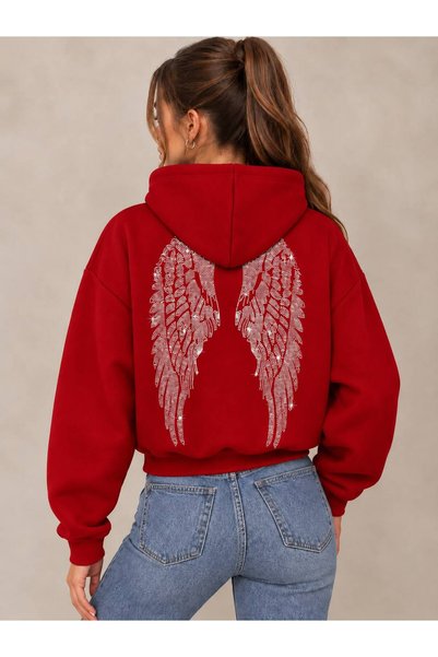 JANTIL MODA New Season Women's Trendy Wing-Print 3-Ply Brushed Inside Hooded ...