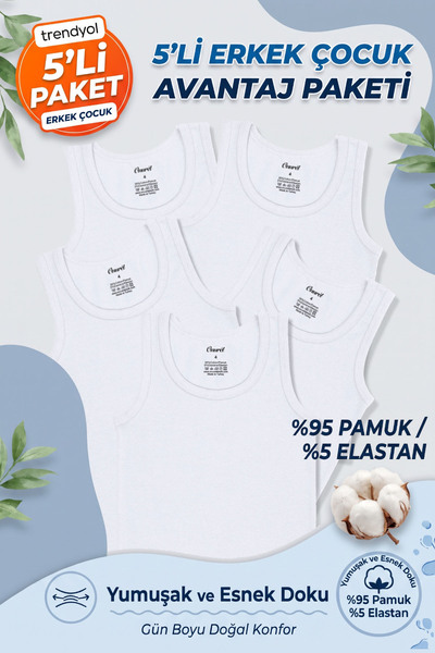 Onurel 5'li Erkek Çocuk Beyaz Askılı Likralı Sade Desensiz Atlet
