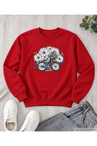 caddekombin Women's Graphic-Print Bike-Crew Neck Sweatshirt with Daisy Motif ...