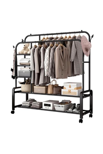 TodayShop Suport dublu metalic pentru haine cu 2 bare, 3 mini-bănci, 2 suport...