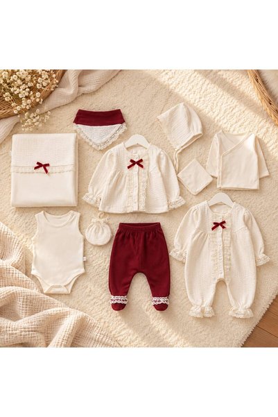 LunaSun Kids 10-Piece Burgundy and Ecru Lace-Detailed Baby Girl Hospital Outf...