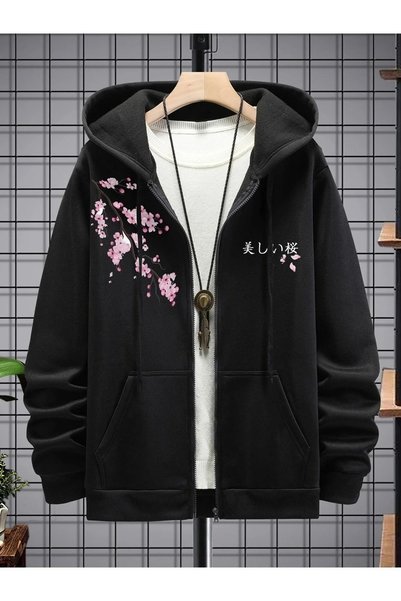 LOTS MODA Cardigan - Black Printed Winter Oversized Hooded Zippered Pocketed ...