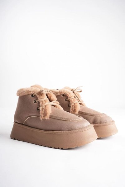 TRENDELLA Women's Taupe Color Suede Winter Lace-Up Boot with Fur-Trimmed Lini...