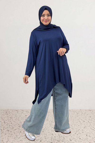Eslina 58070 تونيك قطني ممشط بقصة غير متماثلة مقاس كبير - أزرق داكن